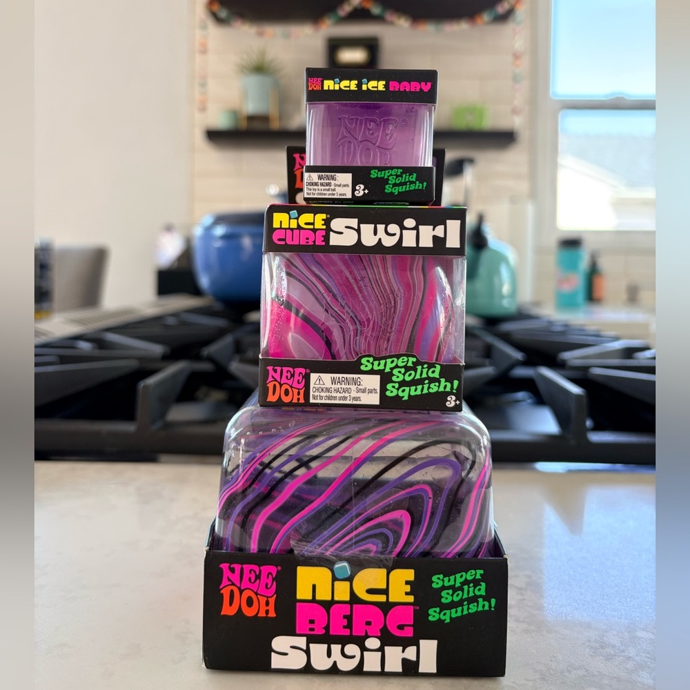 Needoh Nice Berg, cube, and baby trio! Swirl Neon Pink & Purple Squish Toy